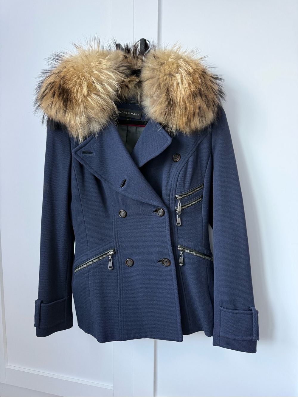 Andrew Marc Navy Wool Blend Double-Breasted Peacoat with Fur Collar